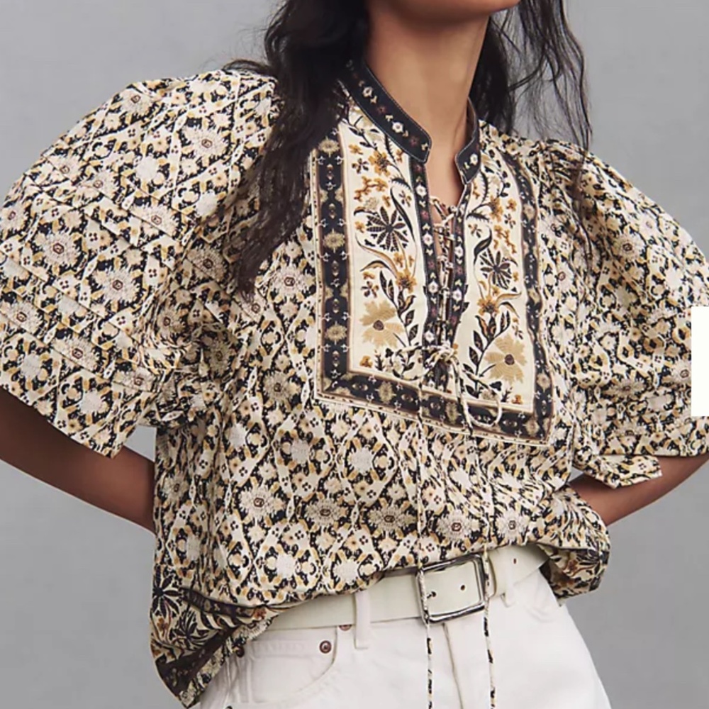 By Anthropologie Pleated Puff-Sleeve Blouse Brown & Black Motif Size M NWT